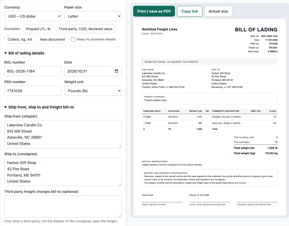 Bill of lading template example