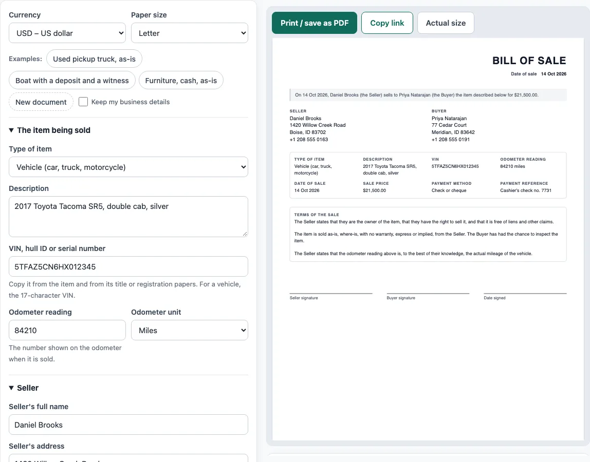 Bill of sale template example
