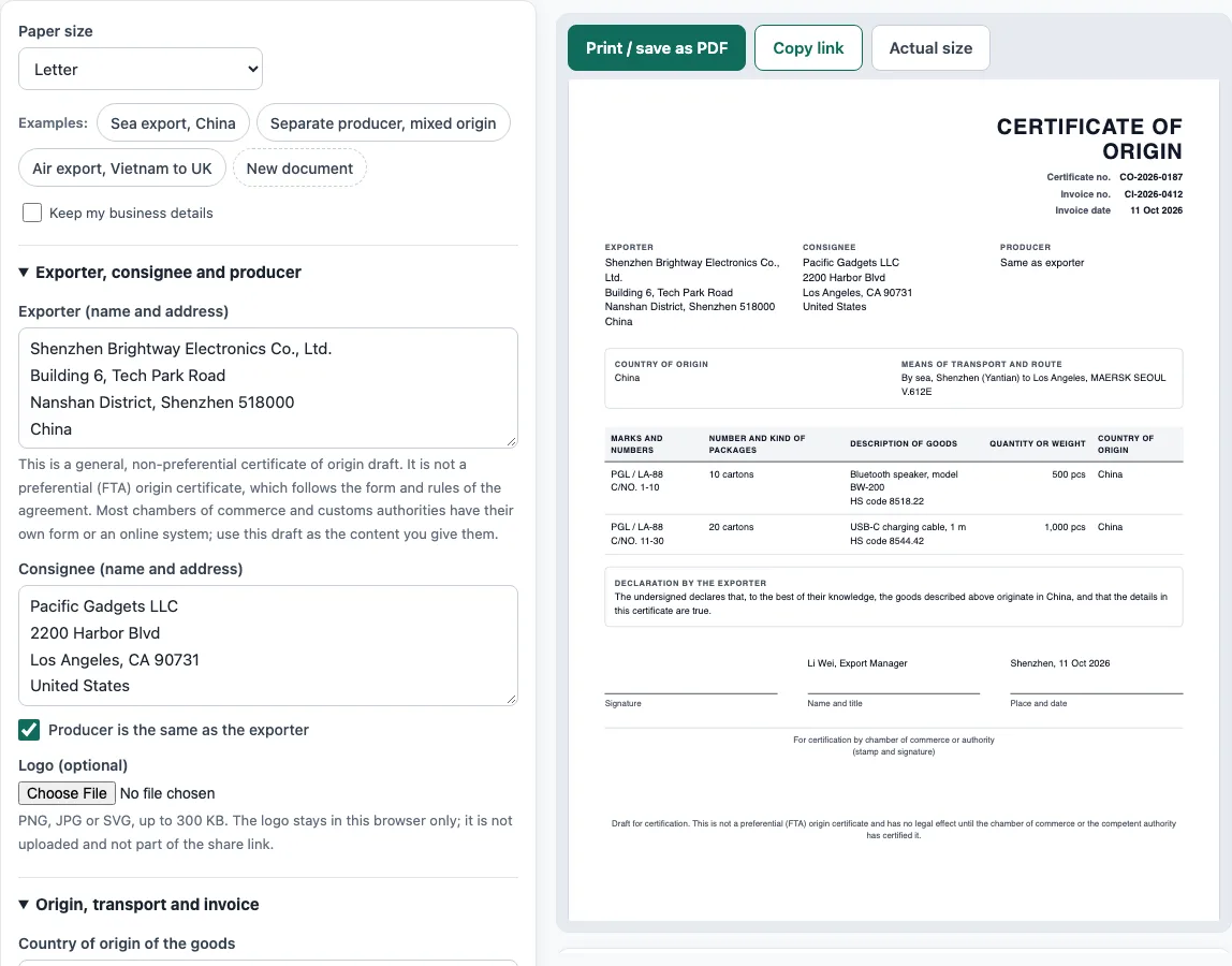 Certificate of origin template example
