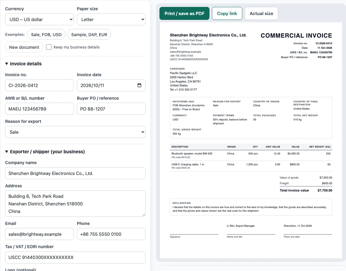 Commercial invoice template example