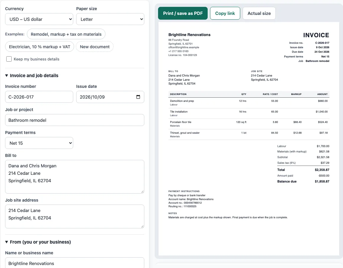 Contractor invoice template example