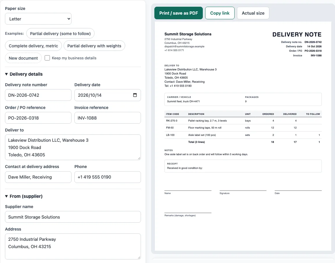 Delivery note template example