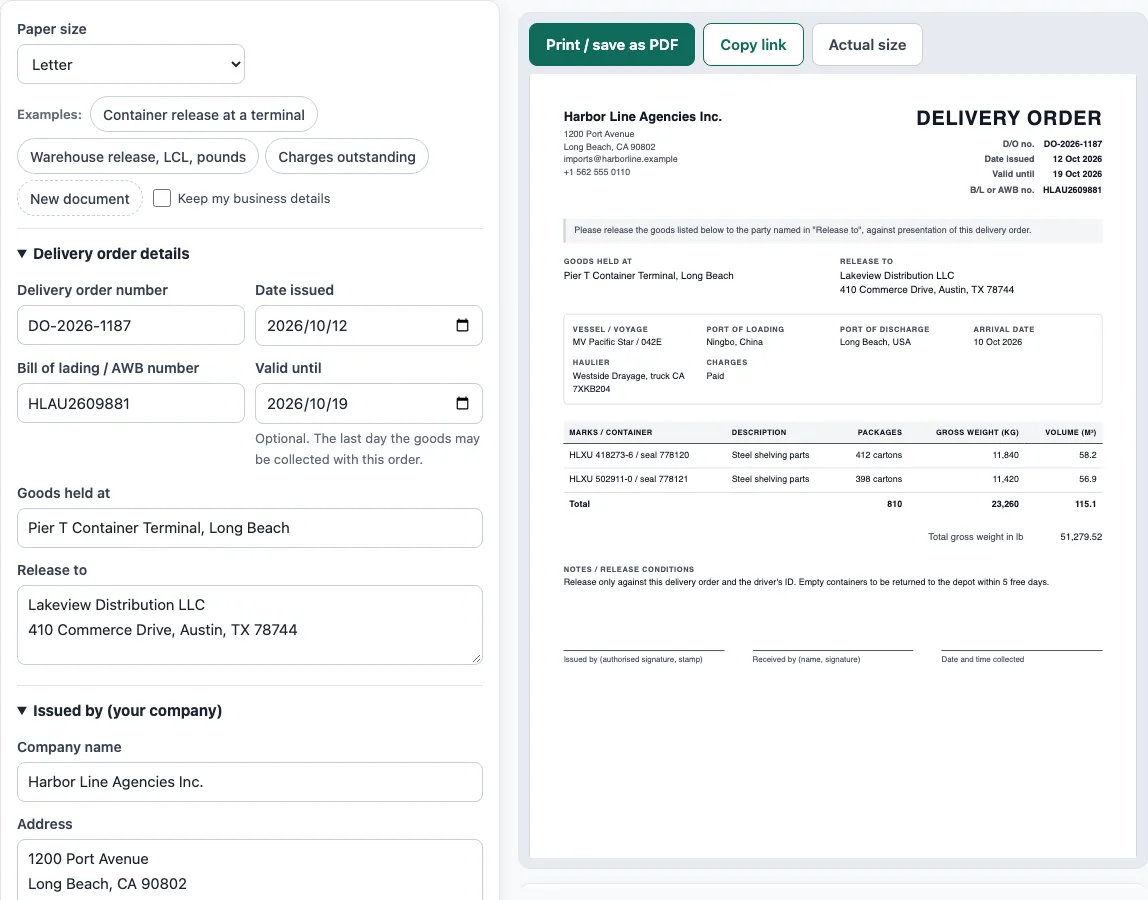 Delivery order template word example
