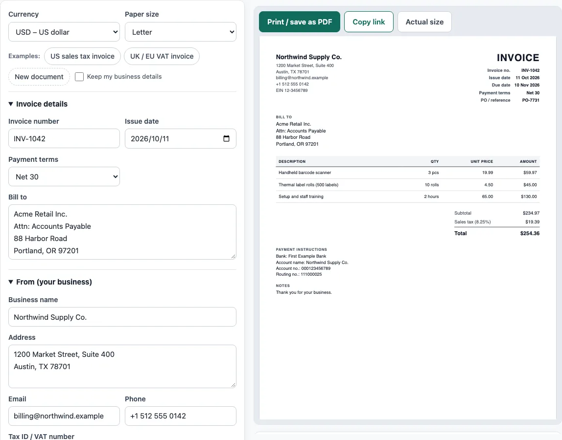 Invoice generator example