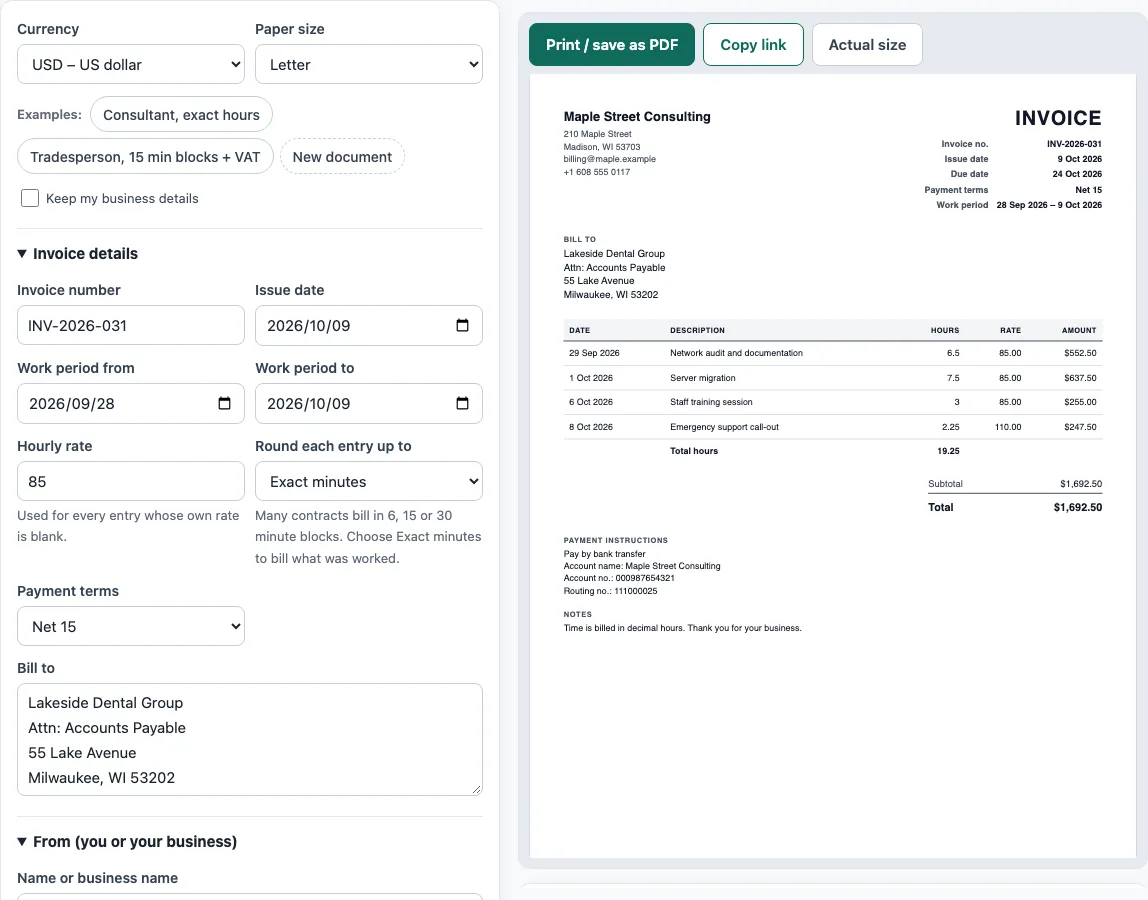Hourly invoice template example
