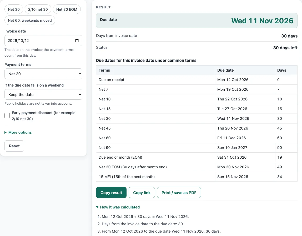 Due date calculator invoice example