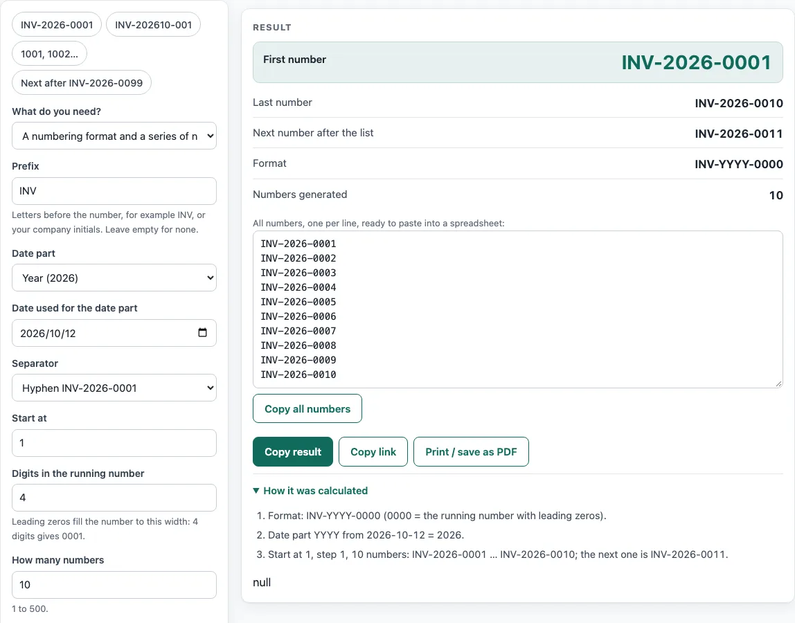 Invoice number generator example