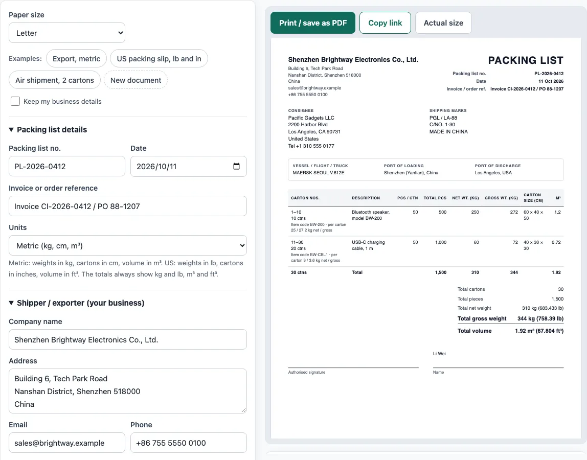Packing list template example