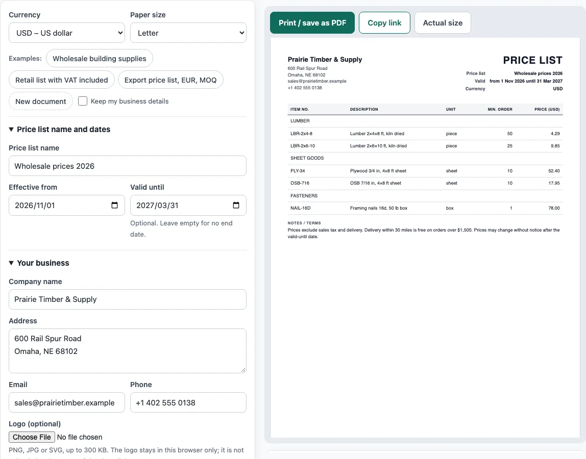 List of prices template example