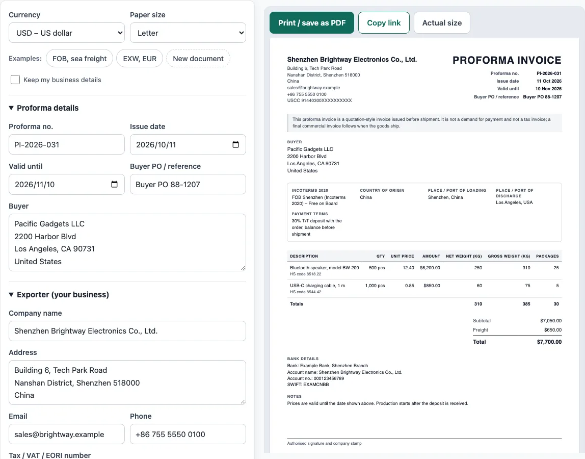 Proforma invoice template example