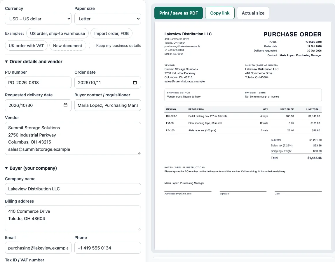 Purchase order template example