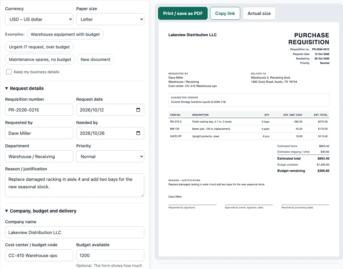 Purchase requisition template example