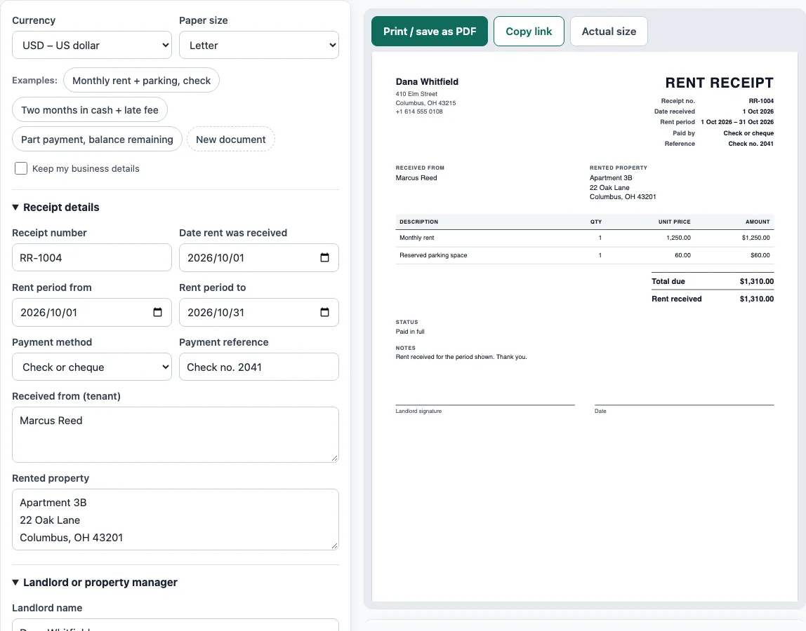 Rent receipt template example