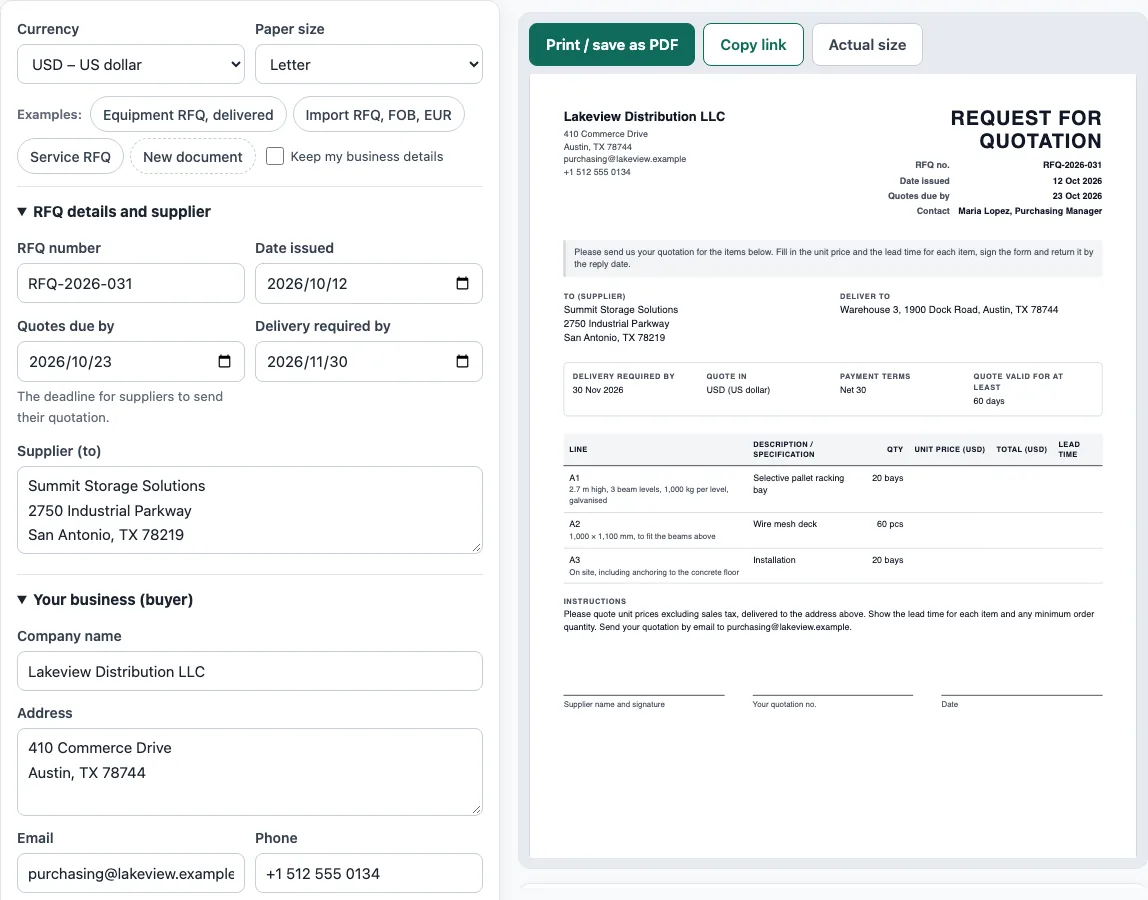 Request for quotation template example