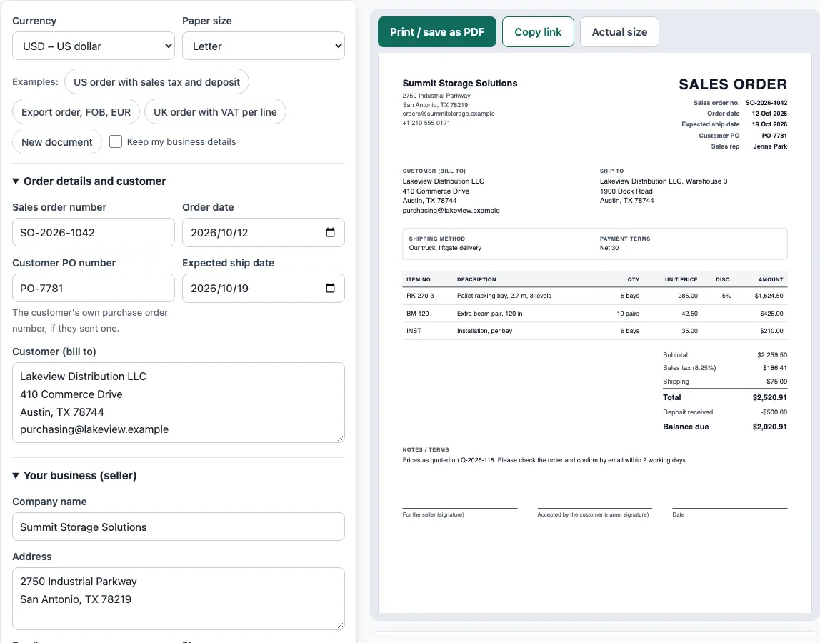 Sales order template example