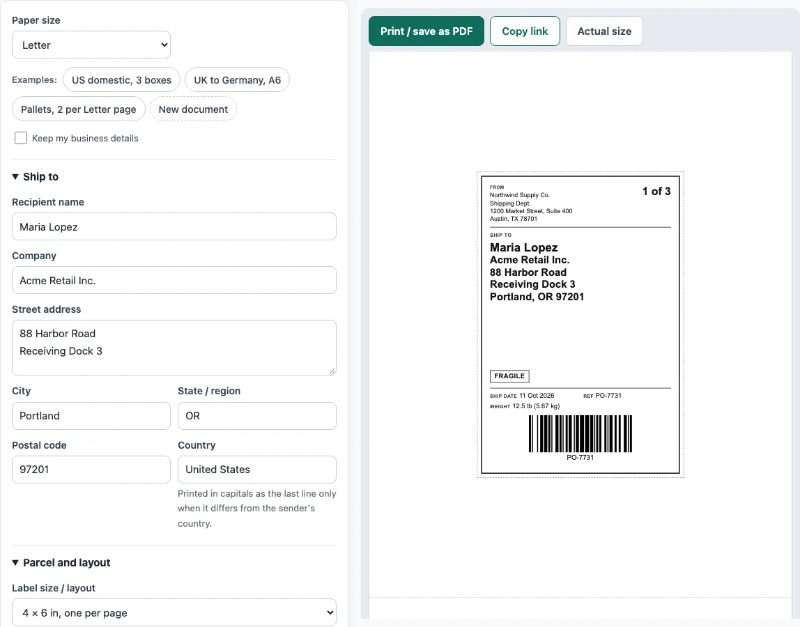 Free shipping label generator example