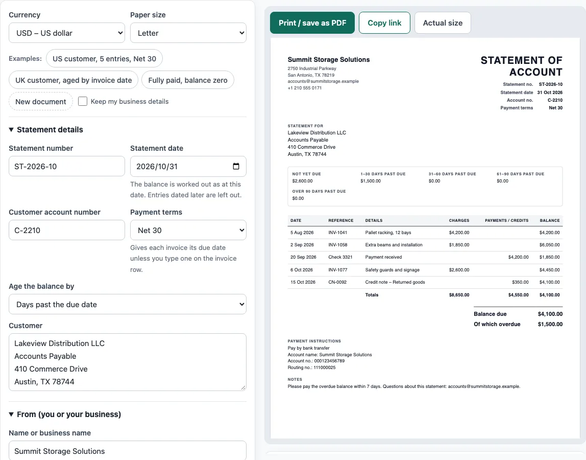 Statement of account template example