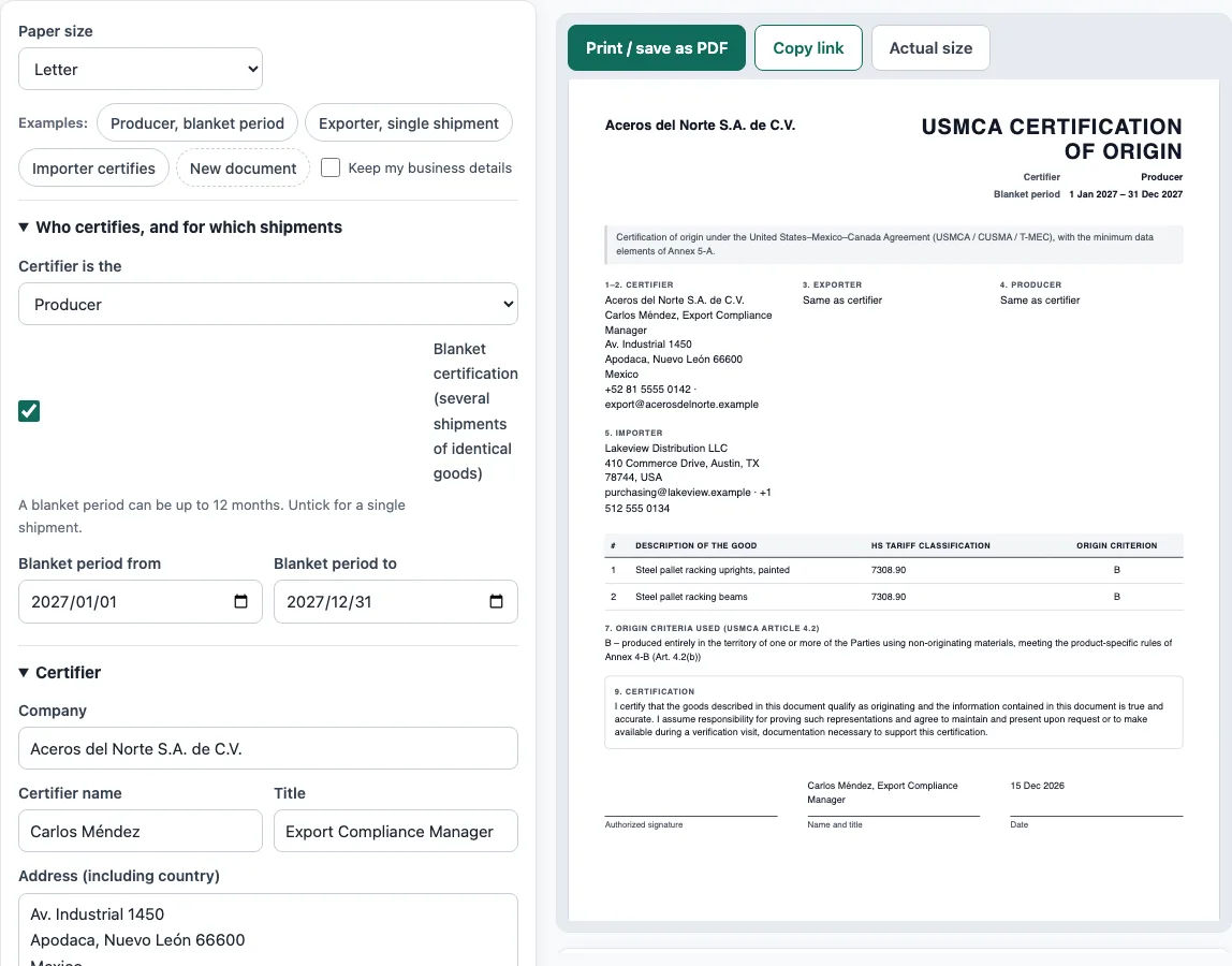 Usmca certificate of origin template example